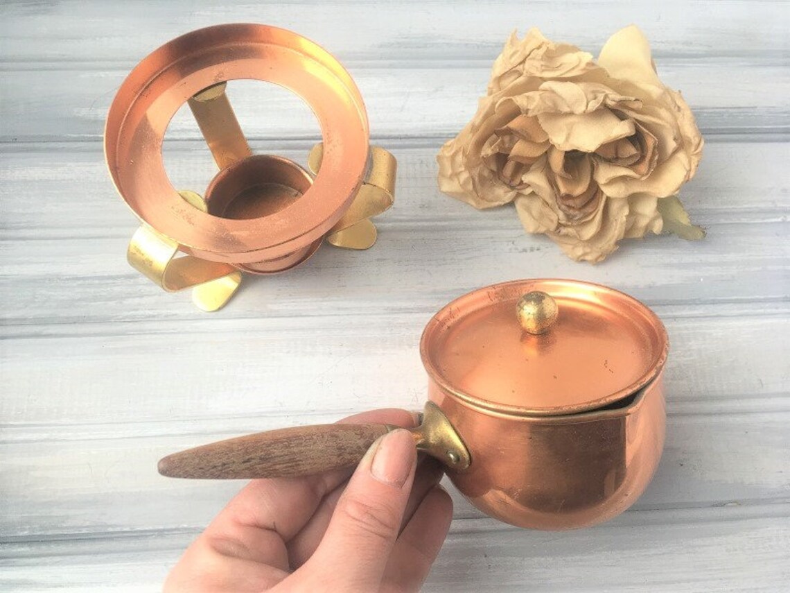 Small Copper Oil Burner w Wood Handle / Copper Burner / Oil Etsy