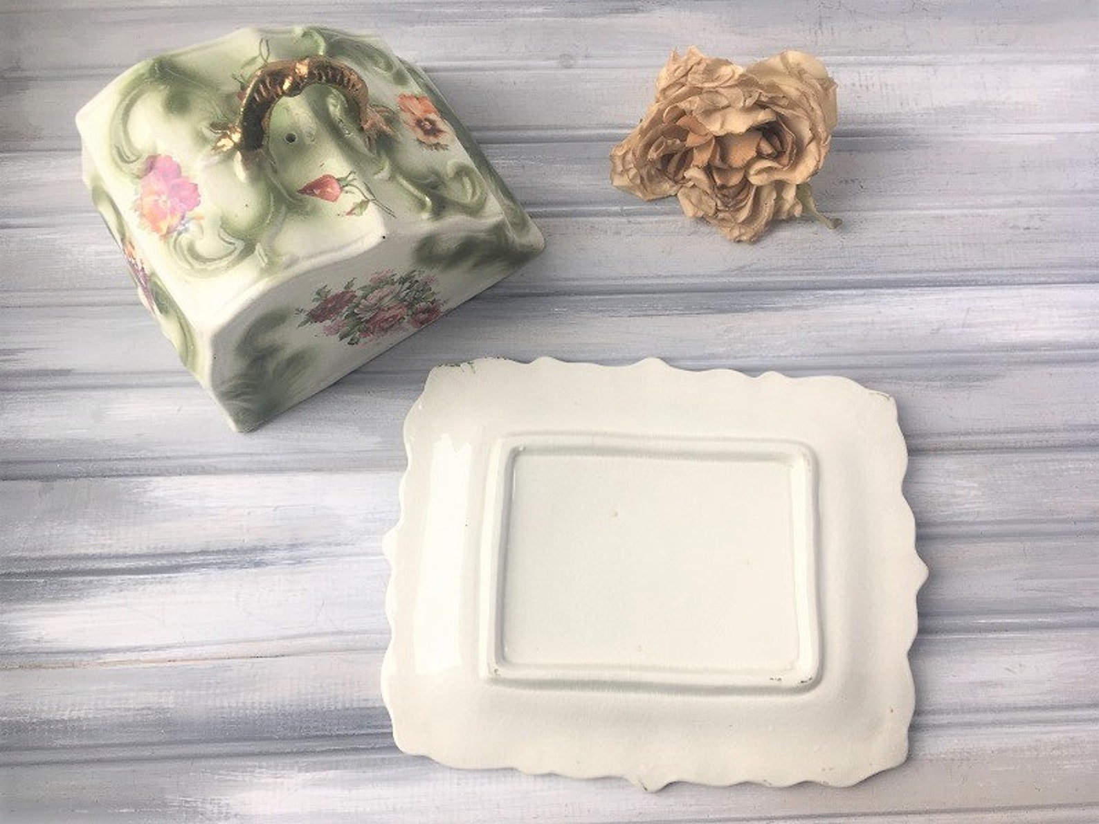 Green Cheese Platter with Lid / Antique Cheese Platter / Etsy