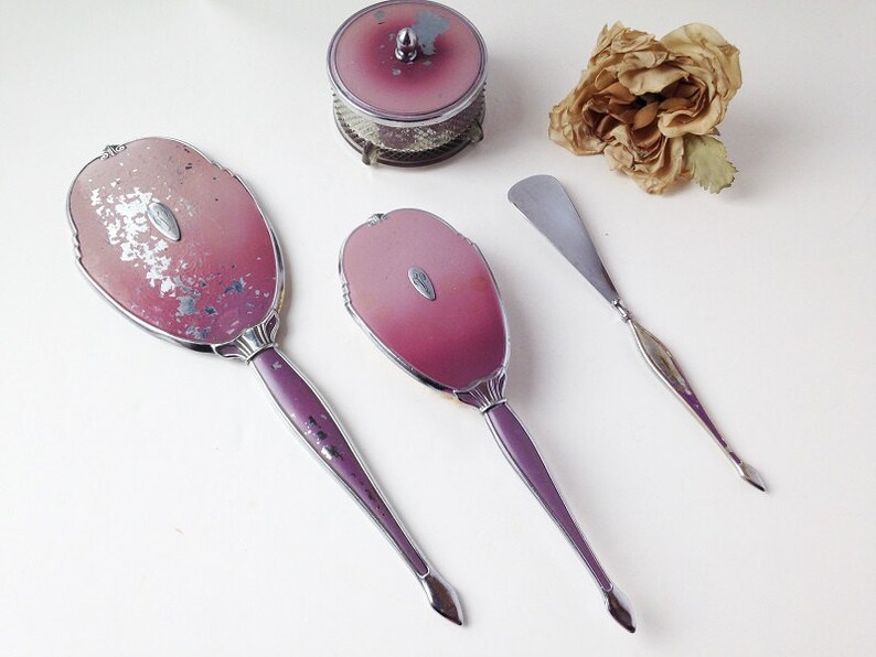 On Vintage Vanity Mirror And Brush Set Antique Dresser