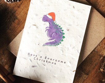 Have a Roarsome Christmas Dinosaur Card made from wildflower seed paper
