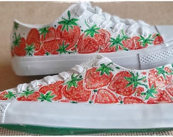 Hand-Painted Strawberry Sneakers: Custom Canvas Shoes