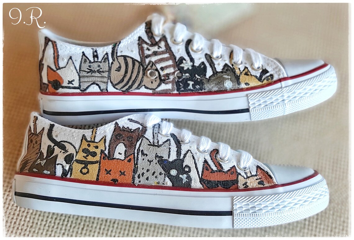 Cats Sneakers Handpainted Shoes Urban Cats Shoes Etsy