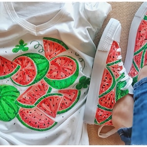 Hand-Painted T-shirt, Watermelon Top, Watermelon T-Shirt, Watermelon Gift , Hand Painted Top