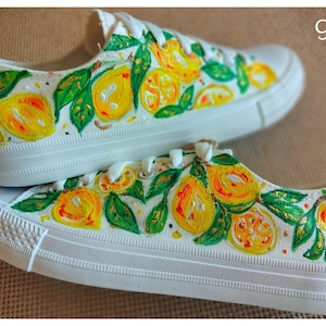 Lemons Citrus Sneakers, Hand-Painted Shoes, Lemons Citrus Shoes, Hand-Painted Sneakers, Hand-painted Lemons Citrus Footwear, Shoe Art