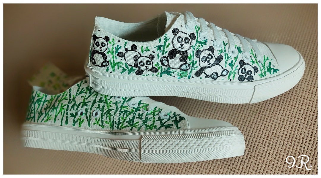 Pandas Sneakers, Handpainted Pandas Shoes, Handpainted Pandas
