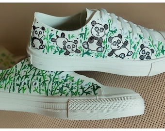 Hand-Painted Panda Sneakers: Custom Canvas Shoes