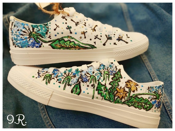 Hand-painted Dandelion Sneakers: Custom Floral Art Shoes