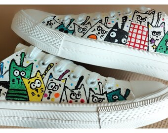 Hand-Painted Cats Sneakers: Urban Art Shoes