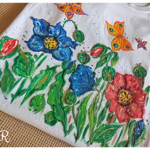 Hand-Painted Flowers and Butterfly T-Shirt, Flowers and Butterfly Top,  Flowers and Butterfly Art  T-Shirt, Hand-Painted Top