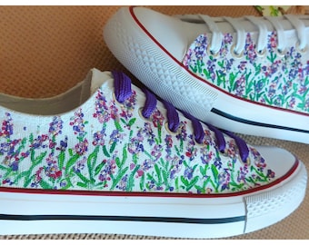 Hand-Painted Lavender Floral Sneakers: Custom Canvas Shoes