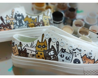Hand-Painted Cats Sneakers: Urban Art Shoes