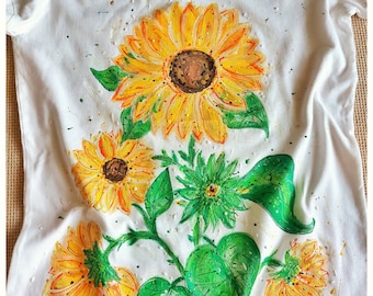 Hand-Painted Sunflower T-shirt: Cotton Floral Top
