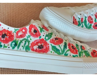 Handgeschilderde poppies-sneakers: op maat gemaakte bloemenkunstschoenen