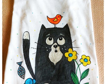 Hand-Painted T-shirt, Cat Top, Cat T-Shirt, Colorful Cats T-Shirt, Hand Painted Top