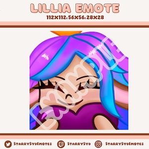 May include: A digital illustration of a cartoon character with purple and blue hair, wearing a purple dress and a gold crown. The character has a happy expression and is looking down. The image is labelled "LILLIA EMOTE 112x112,56x56,28x28".