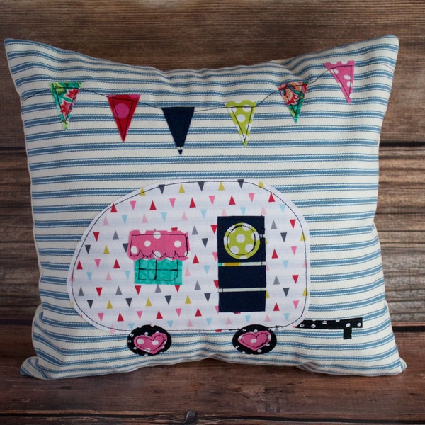 Camper Pillow. Camping decor. Glamping decor. Blue Stripe Pillow. Blue Ticking Stripe Pillow. Camping Pillow. Pillows with Campers.