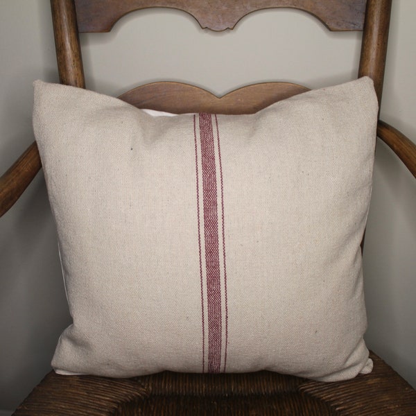 Red Stripe Grain Sack Pillow Cover. French Farmhouse Decor. Vintage decor. Throw Pillow. Cottage Decor. Christmas Decor.