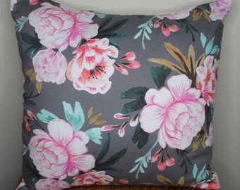 Pink and Gray Floral Pillow Cover. Pink Flower Pillow. Grey Pillow. French Country Decor. Cottage Decor. Nursery Decor.