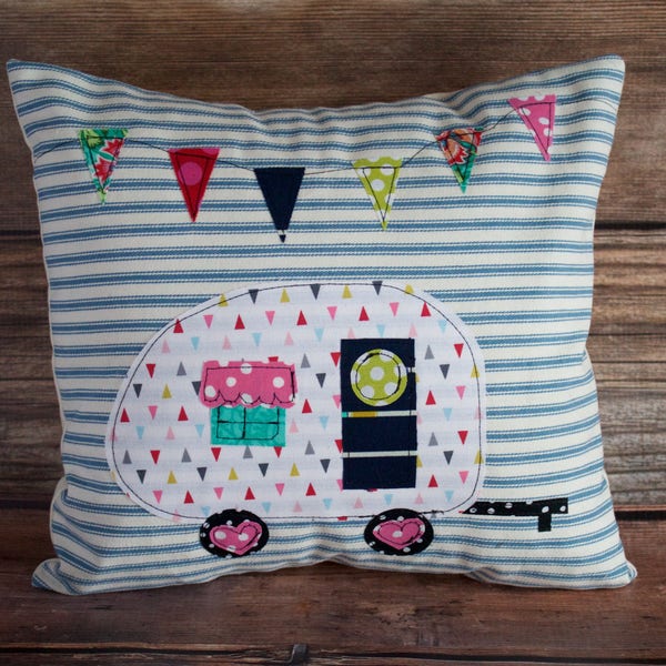 Camper Pillow COVER ONLY. Camping decor. Glamping decor. Blue Ticking Stripe Pillow. Camping Pillow. Pillows with Campers. Vintage Camper