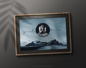 Gratitude Poster: Monochromatic Praying Man, Mountains & Stars