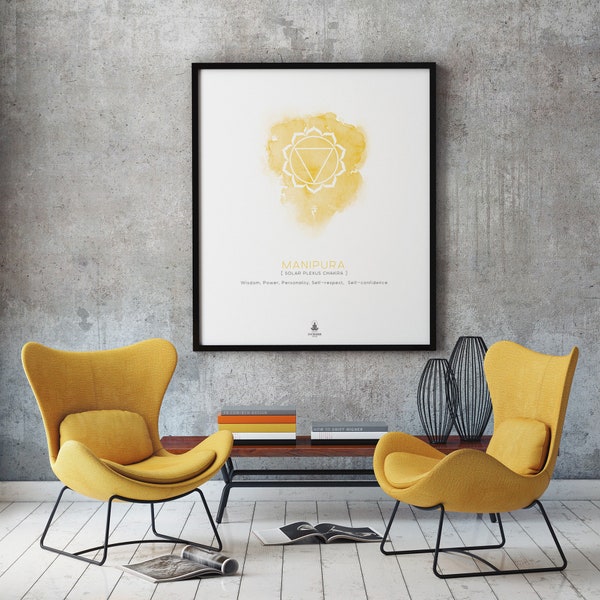 MANIPURA - Solar Plexus Chakra Poster. Spiritual gift, yellow watercolor print, yoga studio decor, zen art, yoga printable, digital download