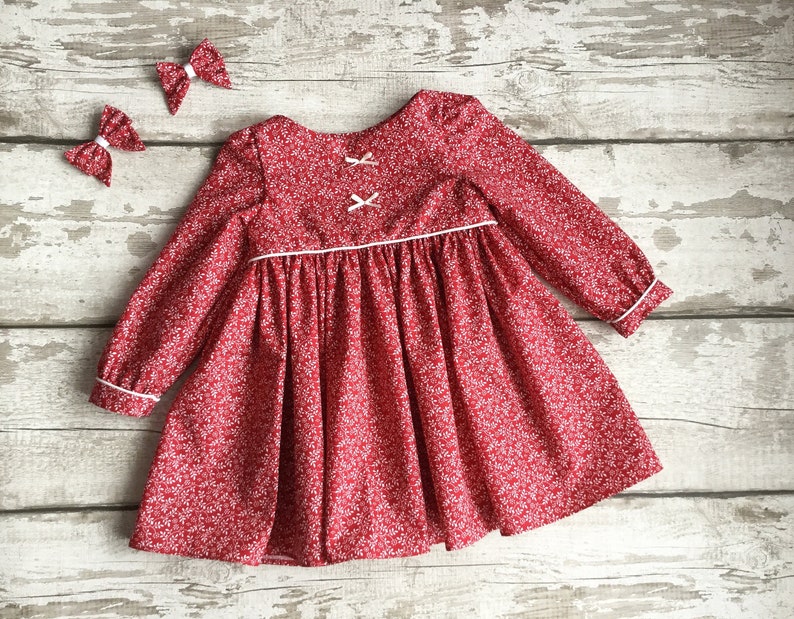 Red Blue dress Long sleeved Baby Girl floral dress hair bow Autumn Fall Winter Christmas dress Cotton dress set Handmade baby girl clothing