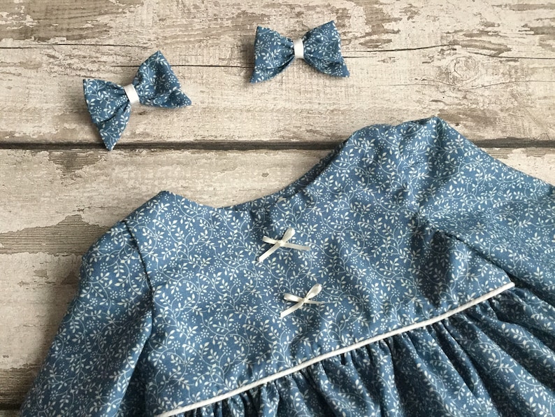 Red Blue dress Long sleeved Baby Girl floral dress hair bow Autumn Fall Winter Christmas dress Cotton dress set Handmade baby girl clothing