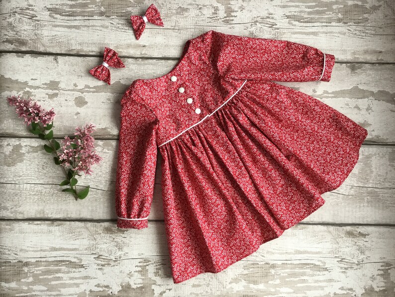 Red Blue dress Long sleeved Baby Girl floral dress hair bow Autumn Fall Winter Christmas dress Cotton dress set Handmade baby girl clothing