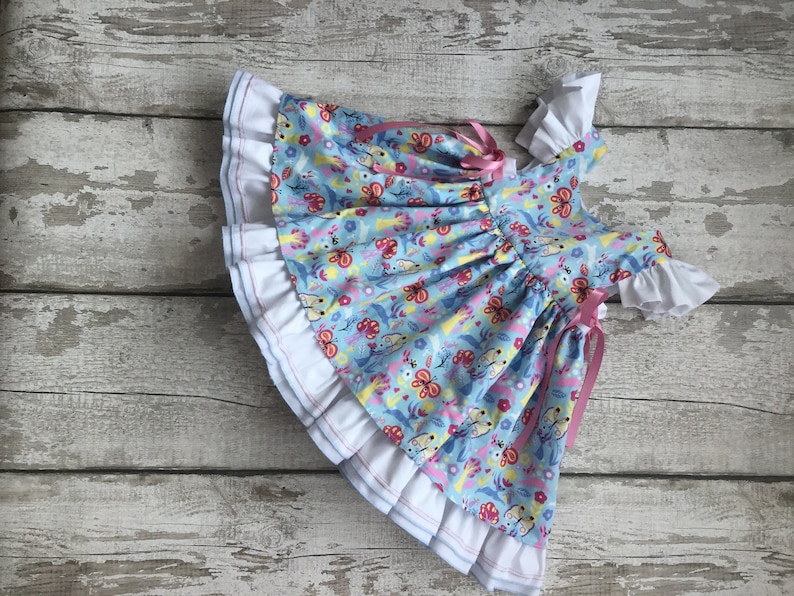 Children print cotton dress flutter sleeves ruffle pinafore dress blue printed dress girls toddler baby dress crossover dress easy fastening