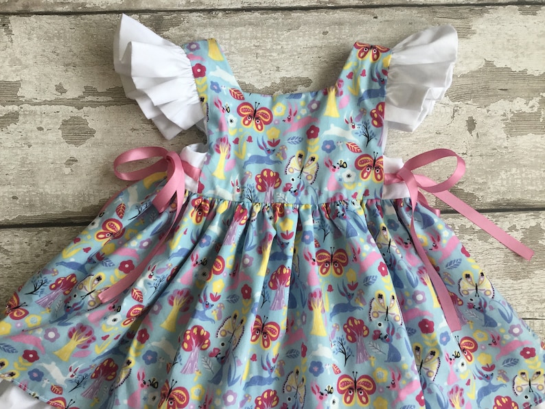 Children print cotton dress flutter sleeves ruffle pinafore dress blue printed dress girls toddler baby dress crossover dress easy fastening