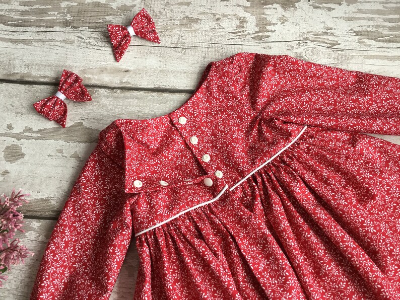 Red Blue dress Long sleeved Baby Girl floral dress hair bow Autumn Fall Winter Christmas dress Cotton dress set Handmade baby girl clothing