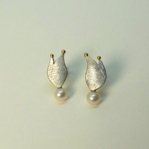 Ear studs with pearl, silver and gold beads image 1