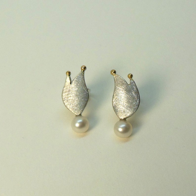 Ear studs with pearl, silver and gold beads image 1