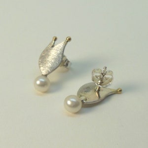 Ear studs with pearl, silver and gold beads image 2