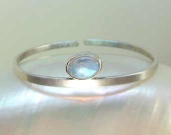 Silver bangle with moonstone elegant, adjustable