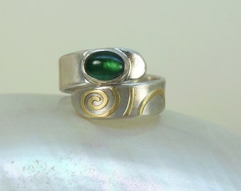 Ring with tourmaline, silver, gold, adjustable