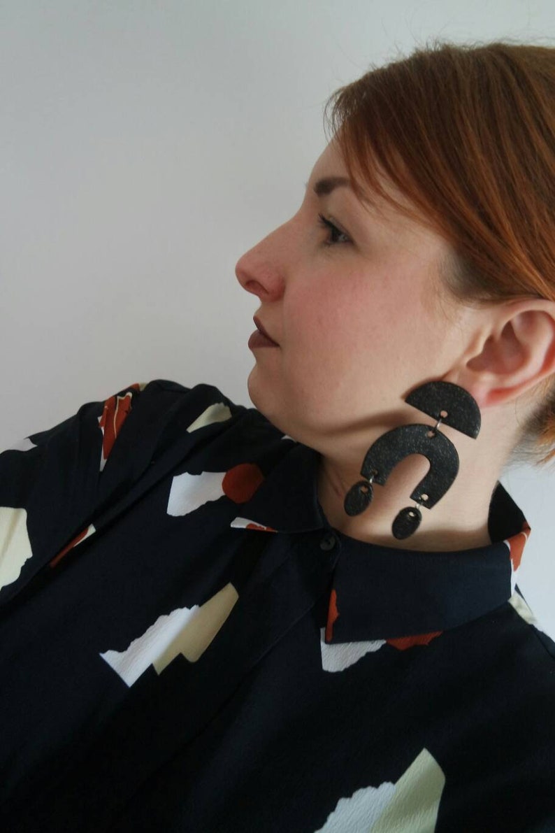 Handmade Statement Clay Earrings Oversized Black Glitter Geometric Style