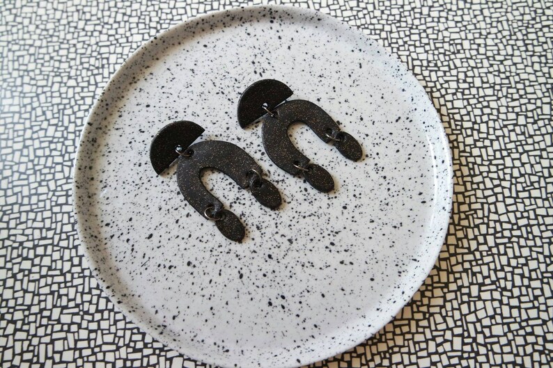 Handmade Statement Clay Earrings Oversized Black Glitter Geometric Style