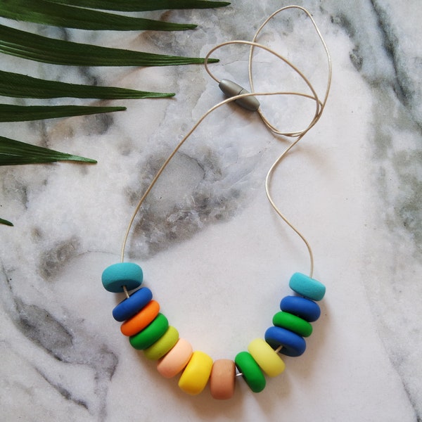 Handmade Polymer Clay Beaded Necklace Neon Beads Primary Colours Geometric Style
