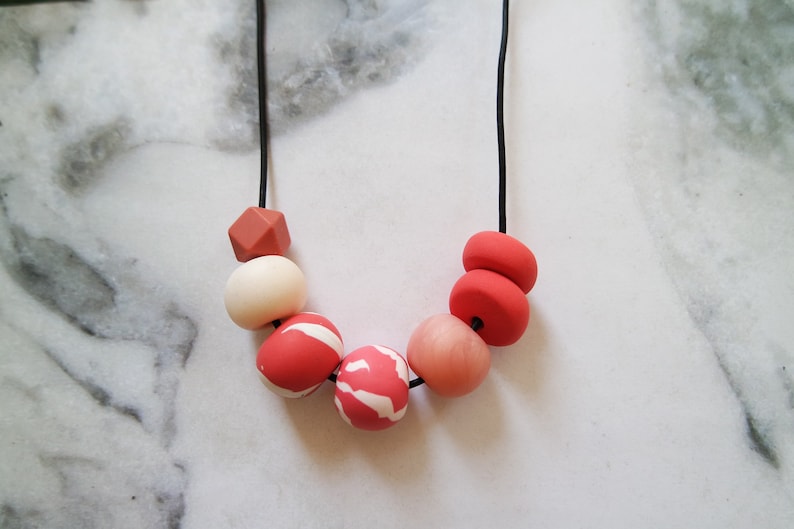 Handmade Beaded Polymer Clay Necklace Geometric Style Marble Effect Silicone Geometric Bead