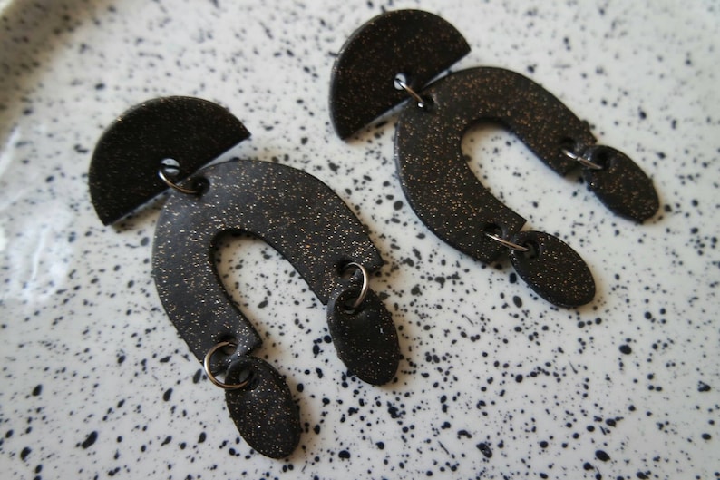 Handmade Statement Clay Earrings Oversized Black Glitter Geometric Style