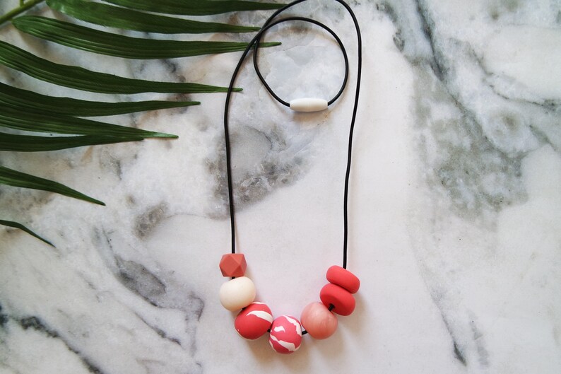 Handmade Beaded Polymer Clay Necklace Geometric Style Marble Effect Silicone Geometric Bead