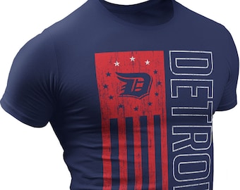 Detroit American Flag T-Shirt Silver Metallic Ink Vertical Design Motor City Rebels Graphic Tee