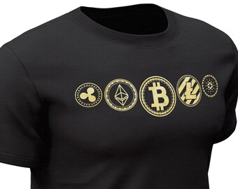 Golden Foil Crypto T-Shirt Bitcoin Ethereum Ripple Cardano Litecoin Dogecoin Crypto Trader Tee
