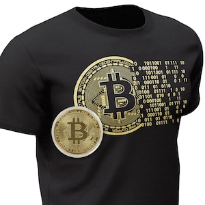 May include: A black t-shirt with a gold Bitcoin logo and binary code printed on the front. The logo features a stylized 'B' with circuit board-like details. The binary code is arranged in a circular pattern around the logo.