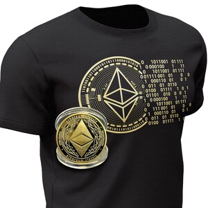 May include: A black t-shirt with a gold Ethereum logo and binary code printed on the front. The logo is surrounded by a circle of circuit board designs. A gold Ethereum coin is visible in the lower left corner of the shirt.