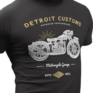 Detroit T-Shirts: Motorcycle Biker T-Shirt by Detroit Rebels Brand. 75 Detroit-themed shirts in our store, Great Michigan souvenir gift idea