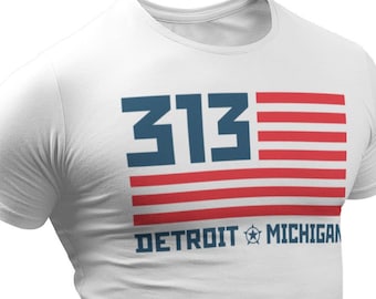 Detroit 313 Area Code T-Shirt Michigan Souvenir Gift American Flag Patriotic Graphic Tee Unisex