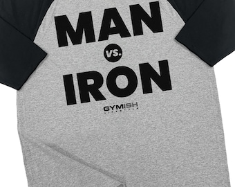 042. RAGLAN Man Vs Iron Workout Gym T-Shirt for Men Funny Weightlifting Powerlifting Tee
