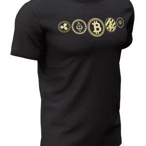 May include: Black t-shirt with a gold graphic of five cryptocurrency coins: Ripple, Ethereum, Bitcoin, Litecoin, and Stellar.